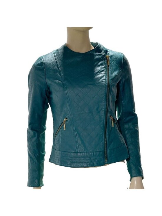 IMAN Jackets & Blazers - Iman Teal Leather Asymmetrical Moto Jacket XS Zipper Pockets Womens Size Small